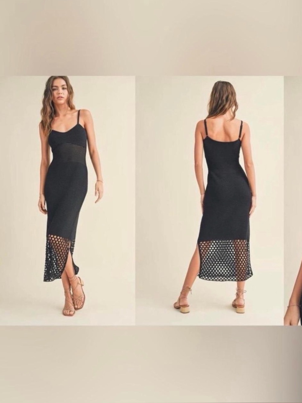 House of Harlow 1960 Black Spaghetti-Strap Midi Dress with Mesh Hem Panel
